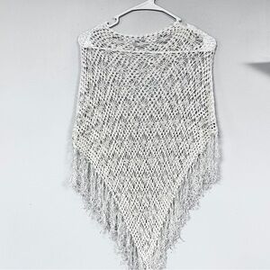 Whimsy Crochet, Lace Poncho  Long Fringe Cream Coverup Bohemian Hippie Fairy, S